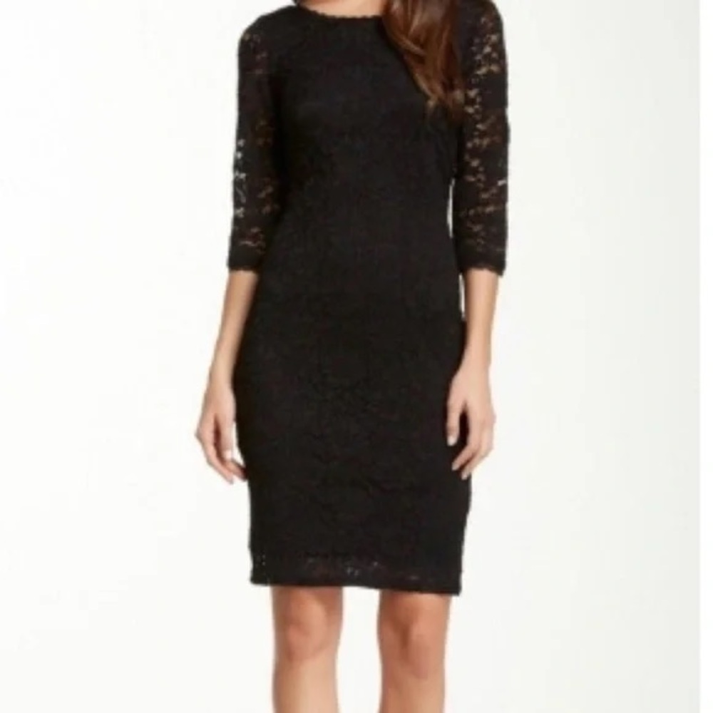 Sexy Laundry By Shelli Segal Black Sheath Lace Dress 3/4 Sleeve Scoop Neck